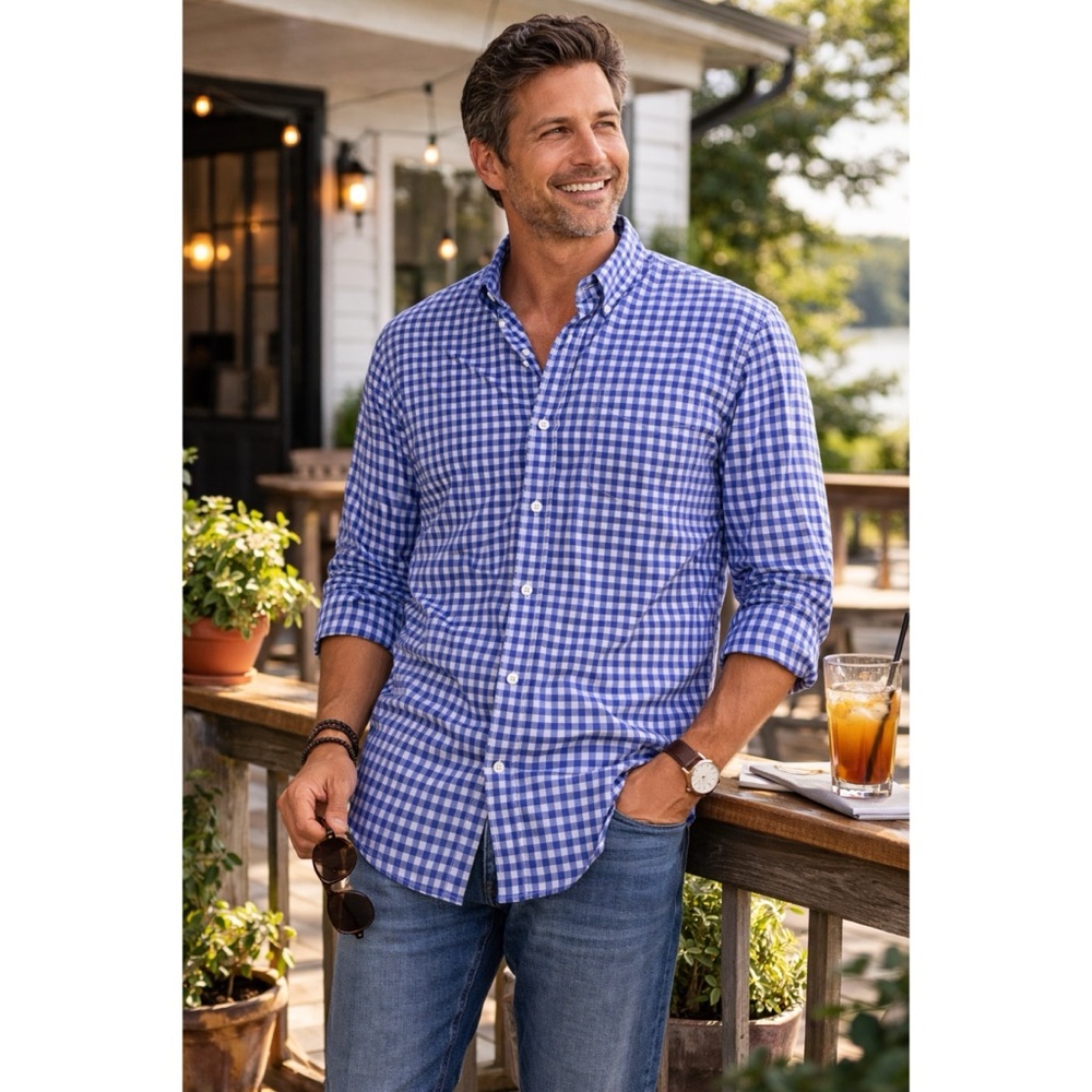 Untuckit Gingham Check Button Down Shirt 100% Cotton Blue & White Sz M